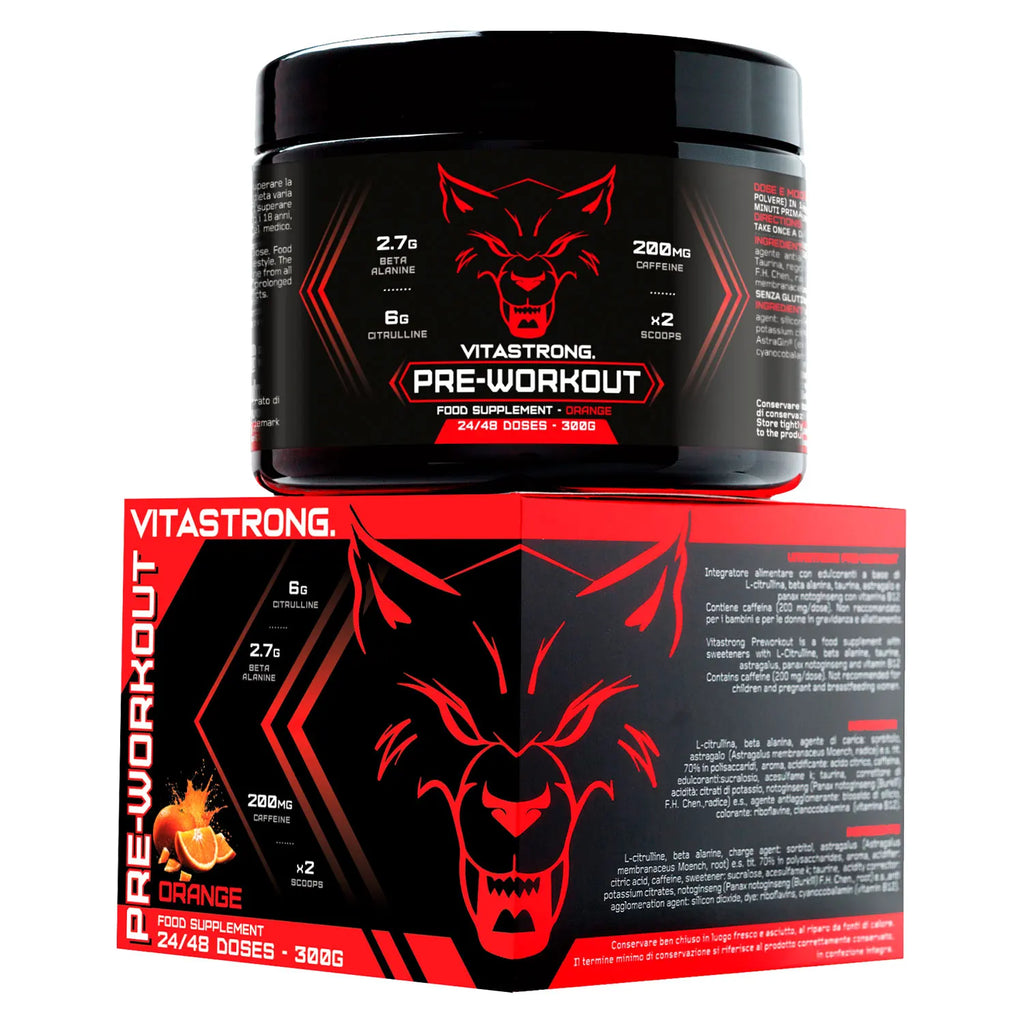 Pre-Workout Powerful 300g - Vegan Supplement with L-Citrulline, Beta-Alanine, Caffeine, Taurine, AstraGin, Panax Notoginseng, Vitastrong (24 Portions, Orange Flavor) - Made in Italy, Preworkout Supplement Powder