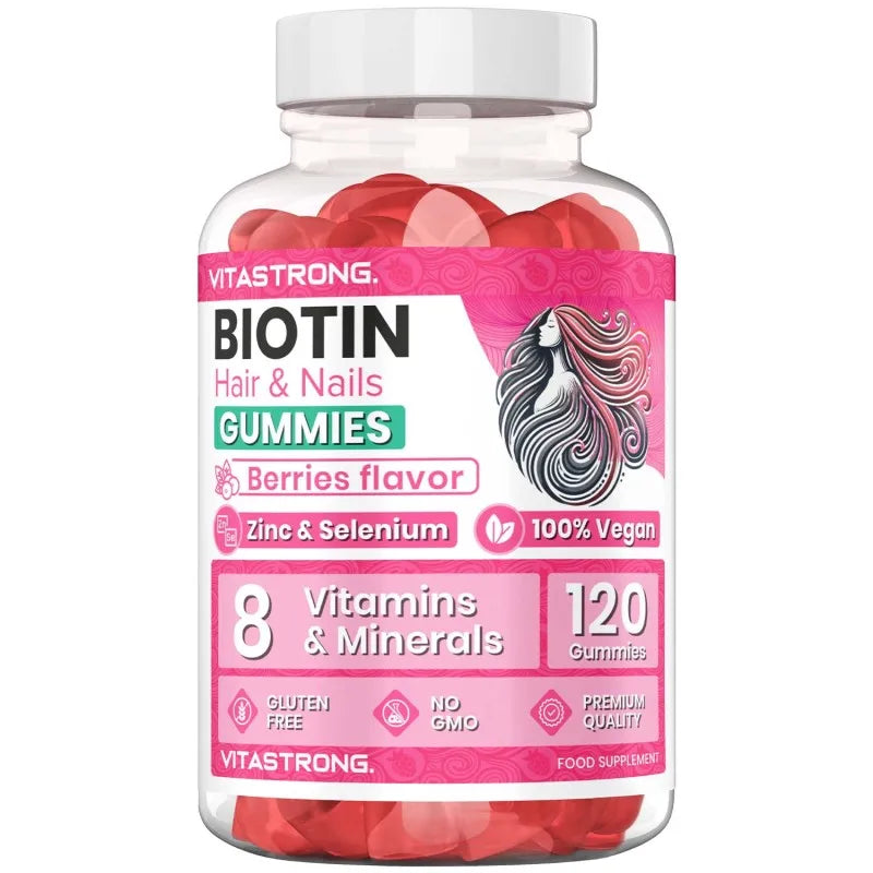 Vitastrong Biotin High Dosage Complex 100% Vegan - 120 Biotin Gum for Hair, Skin and Nails with Zinc, Selenium, Vitamin C, Vitamin E, Vitamin B6, folate and Potassium Iodide-Supports Healthy Hair and Reduces Fatigue