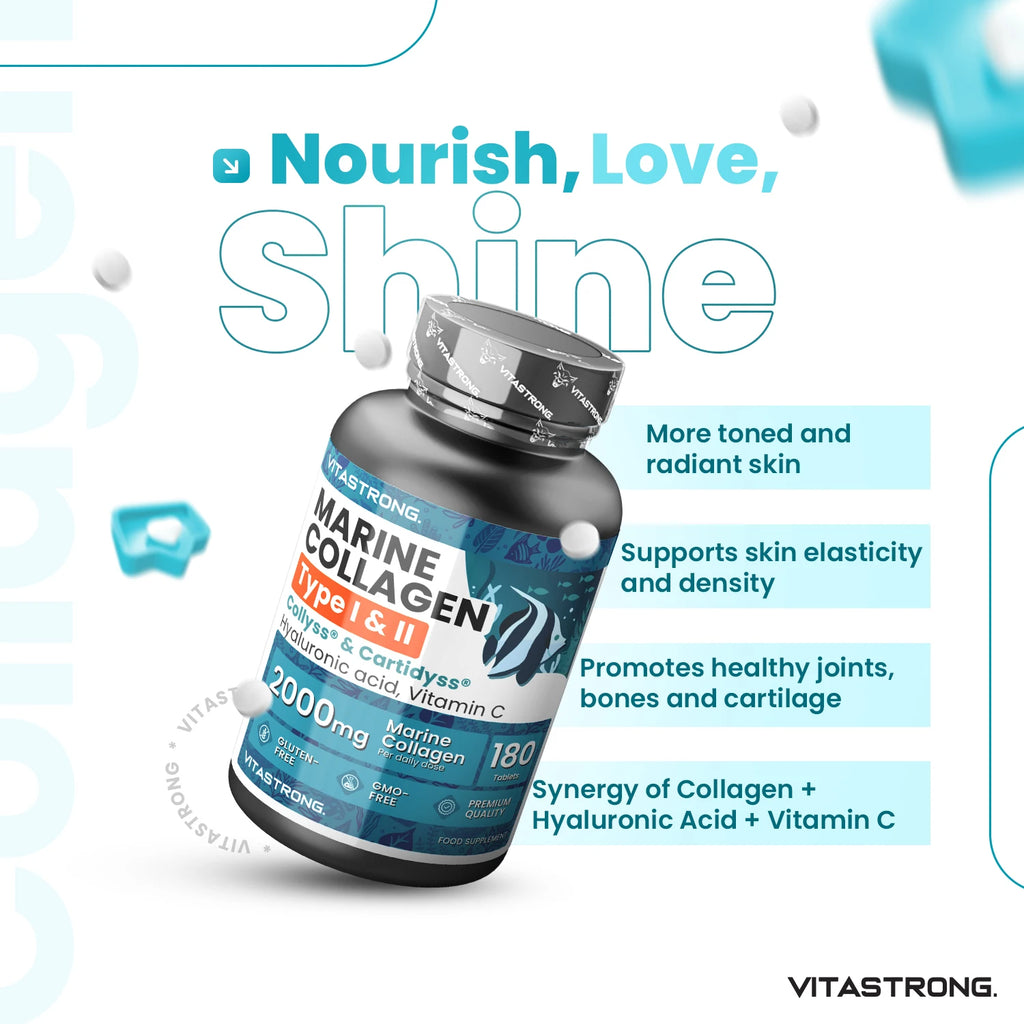 Vitastrong Marine Collagen 2000mg Patented-Type 1 & 2 Collyss®& Cartidyss®-180 Tablets-Marine Collagen with Hyaluronic Acid-with Vitamin C-Effective Formula-Premium Quality