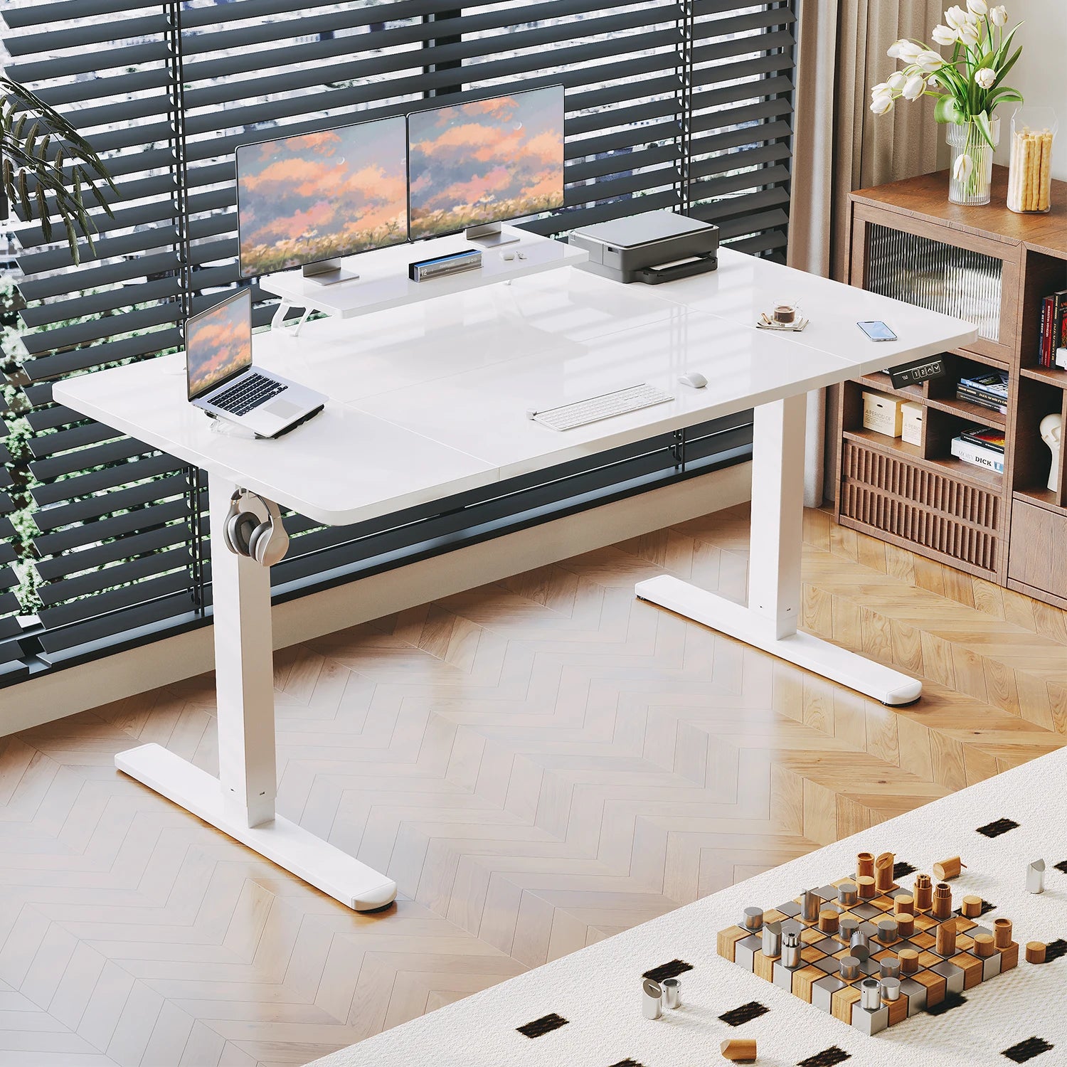 Devoko Height Adjustable desk Electric 180 × 80cm with Monitor Stand Ergonomic Seat Standing Desk (White)