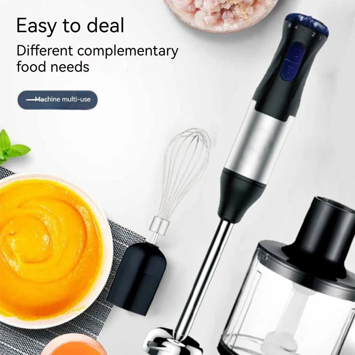 1000W 4-in-1 Electric Hand Blender Immersion Mixer Stainless Steel Stick Food Processor Low Noise 36-45dB for Baby Food Soup Smoothie 220V