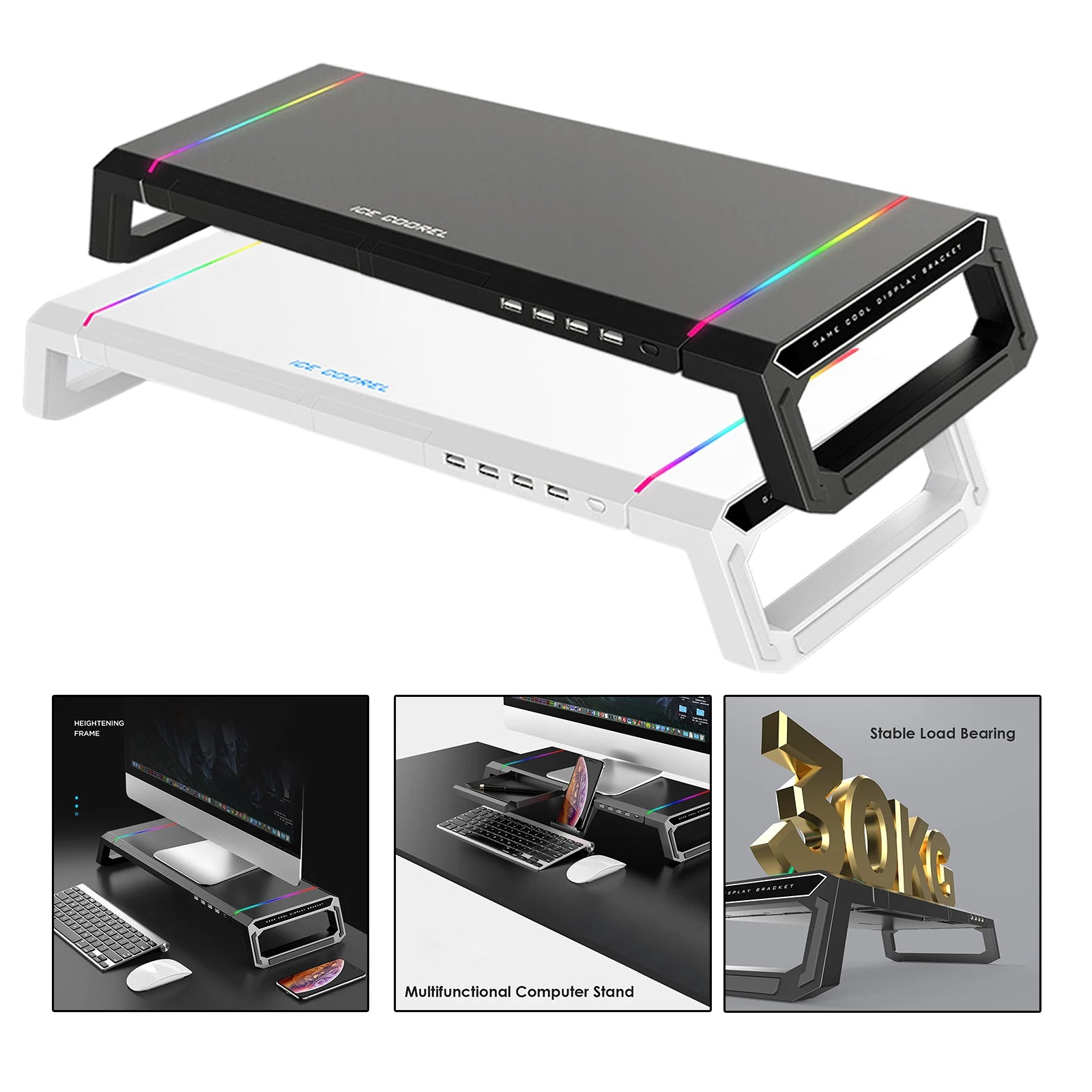 Aluminum RGB Monitor Stand Riser Bracket with 4 USB Ports Desk Organizer All-In-One Computer Laptop Height Stand Holder Image principale du produit