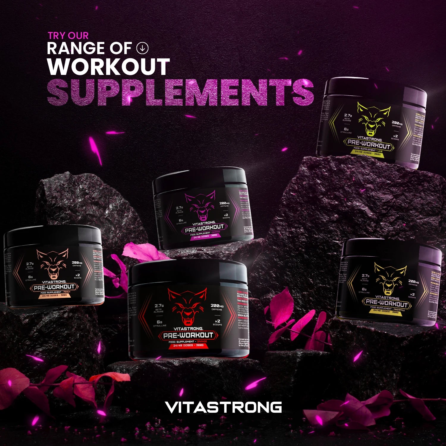 Pre-Workout Powerful 300g - Vegan Supplement with L-Citrulline, Beta-Alanine, Caffeine, Taurine, AstraGin, Panax Notoginseng, Vitastrong (24 Portions, Berries Flavor) - Made in Italy, Preworkout Supplement Powder