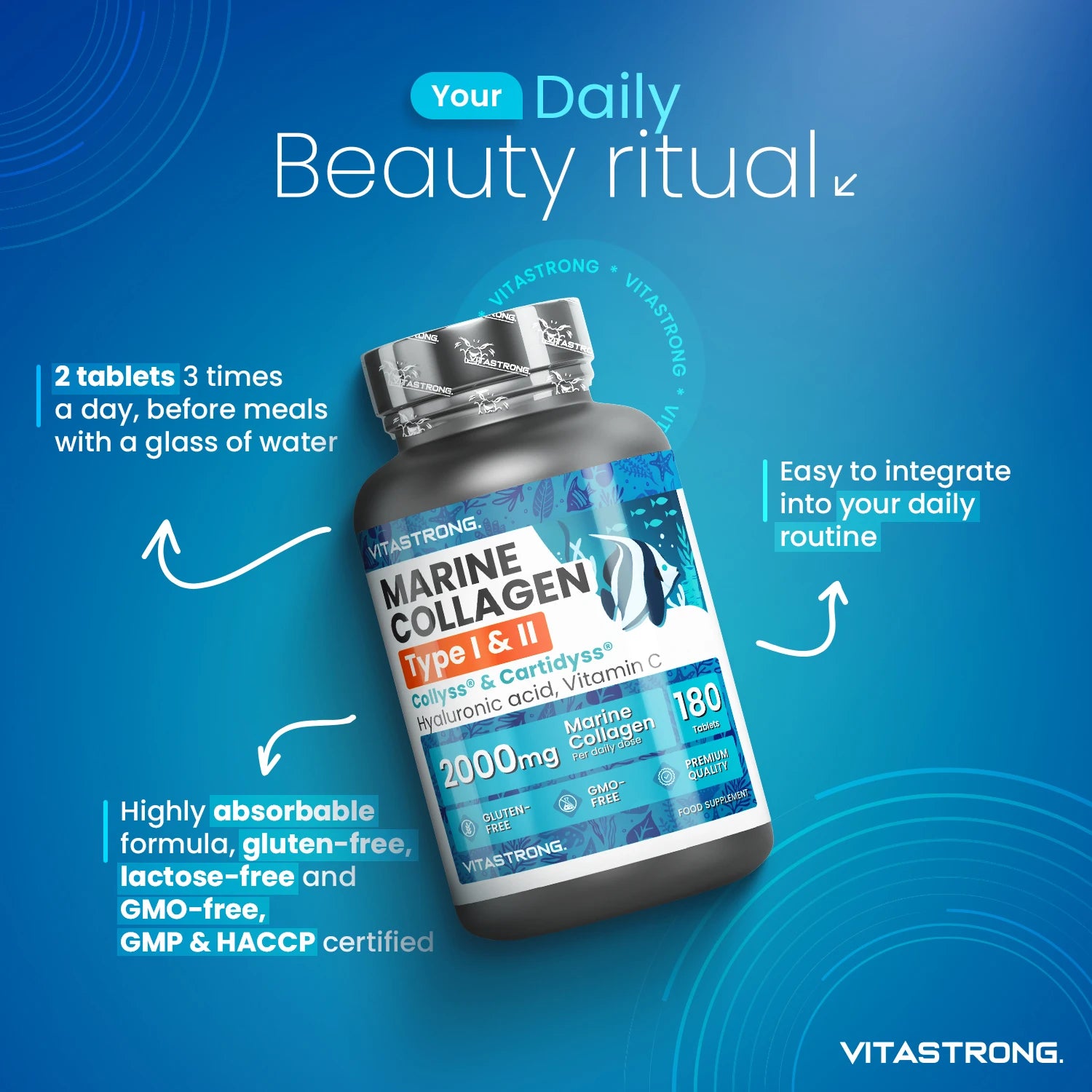 Vitastrong Marine Collagen 2000mg Patented-Type 1 & 2 Collyss®& Cartidyss®-180 Tablets-Marine Collagen with Hyaluronic Acid-with Vitamin C-Effective Formula-Premium Quality