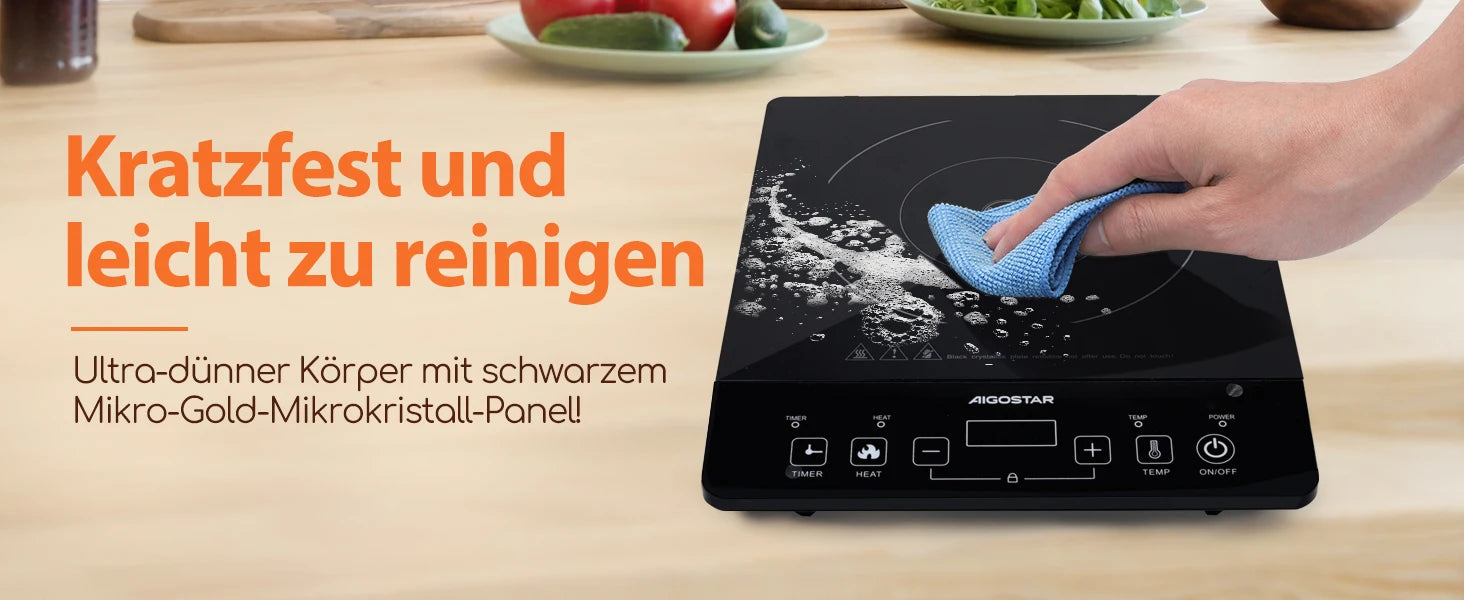 Aigostar 2000W Induction Cooktop, Touch Control, 10 Power Levels, 10 Temperature Settings, LED Digital Display, 3-Hour Timer