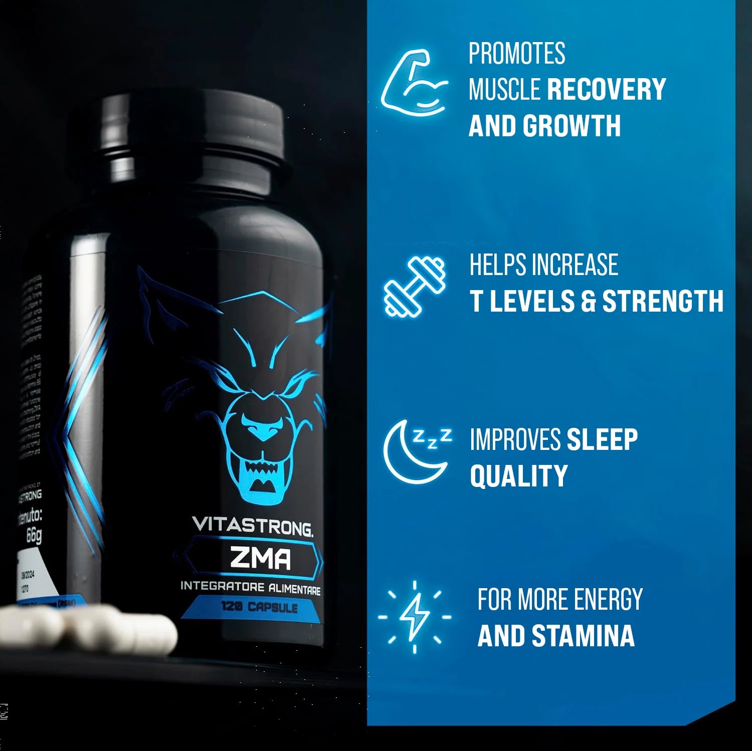 ZMA Supplement Vitastrong Dose Extra High with Vitamin B6 High Dosage, Zinc and Magnesium Citrate, 120 Magnesium B6 Zinc Capsules for Energy Metabolism and Fatigue Reduction Secondary image