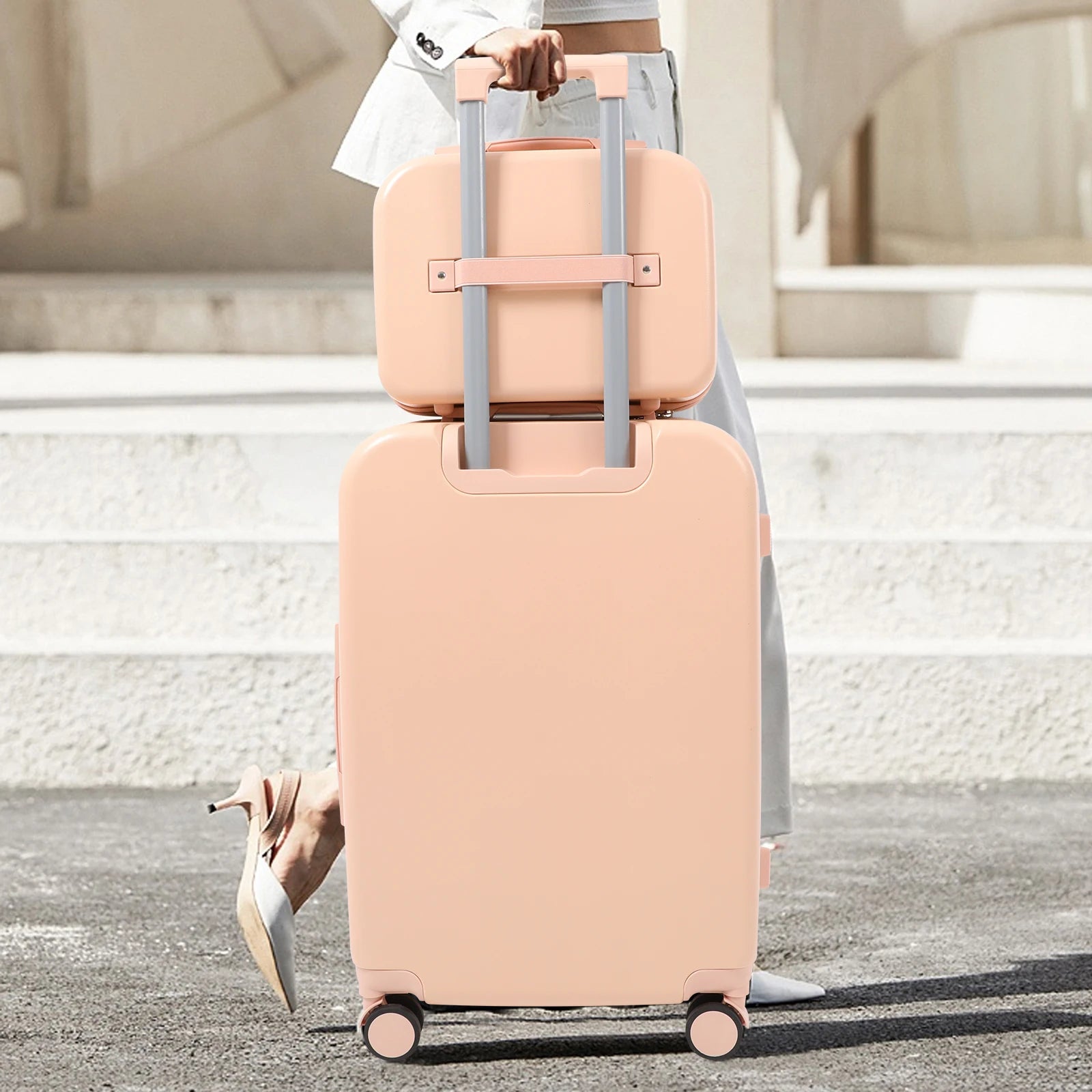 14 Inch & 24 Inch Combo Luggage, Small and Large Suitcases, Hard Shell Carry-on Luggage, Spinner Luggage with Cosmetic Carry On Bag, Lightweight Wear-resistant Luggage for Business and Holiday Travel, Pink