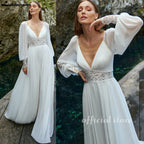 Lakshmigown A-Line Plunging V-neck Lace Appliques Long Sleeves Wedding Dress 2026 Floor-length Backless Bridal Gown Customized