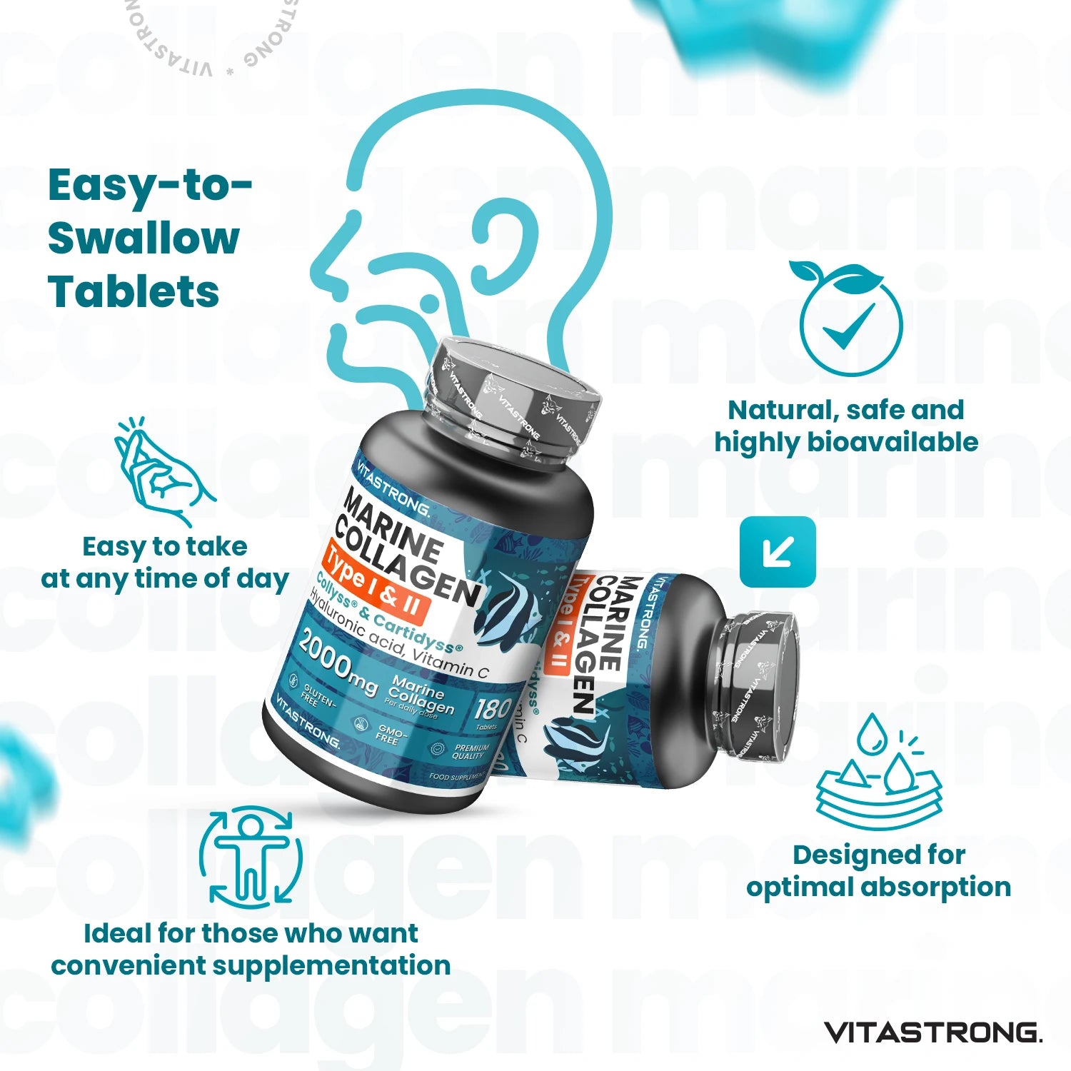 Vitastrong Marine Collagen 2000mg Patented-Type 1 & 2 Collyss®& Cartidyss®-180 Tablets-Marine Collagen with Hyaluronic Acid-with Vitamin C-Effective Formula-Premium Quality