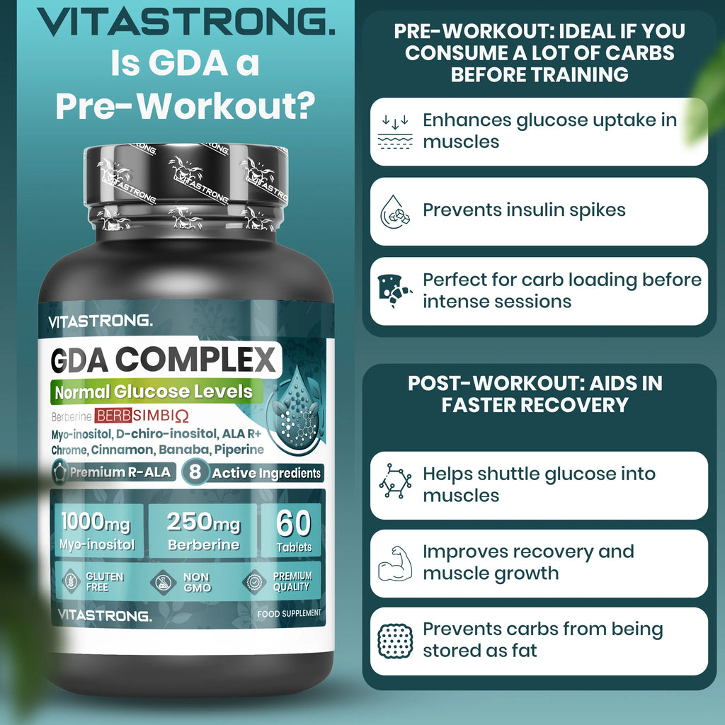 Vitastrong GDA Vegan Supplement-Supports Normal Blood Sugar level, Increases Energy and Metabolism with Berberine, Myo-Inositol and Chromium-60 Tablets, GMO-Free