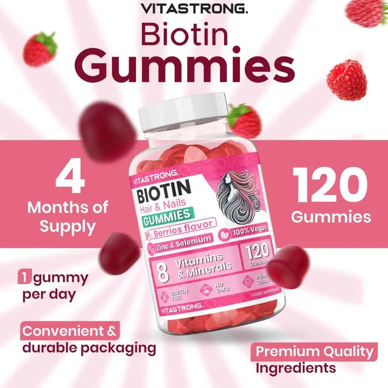 Vitastrong Biotin High Dosage Complex 100% Vegan - 120 Biotin Gum for Hair, Skin and Nails with Zinc, Selenium, Vitamin C, Vitamin E, Vitamin B6, folate and Potassium Iodide-Supports Healthy Hair and Reduces Fatigue