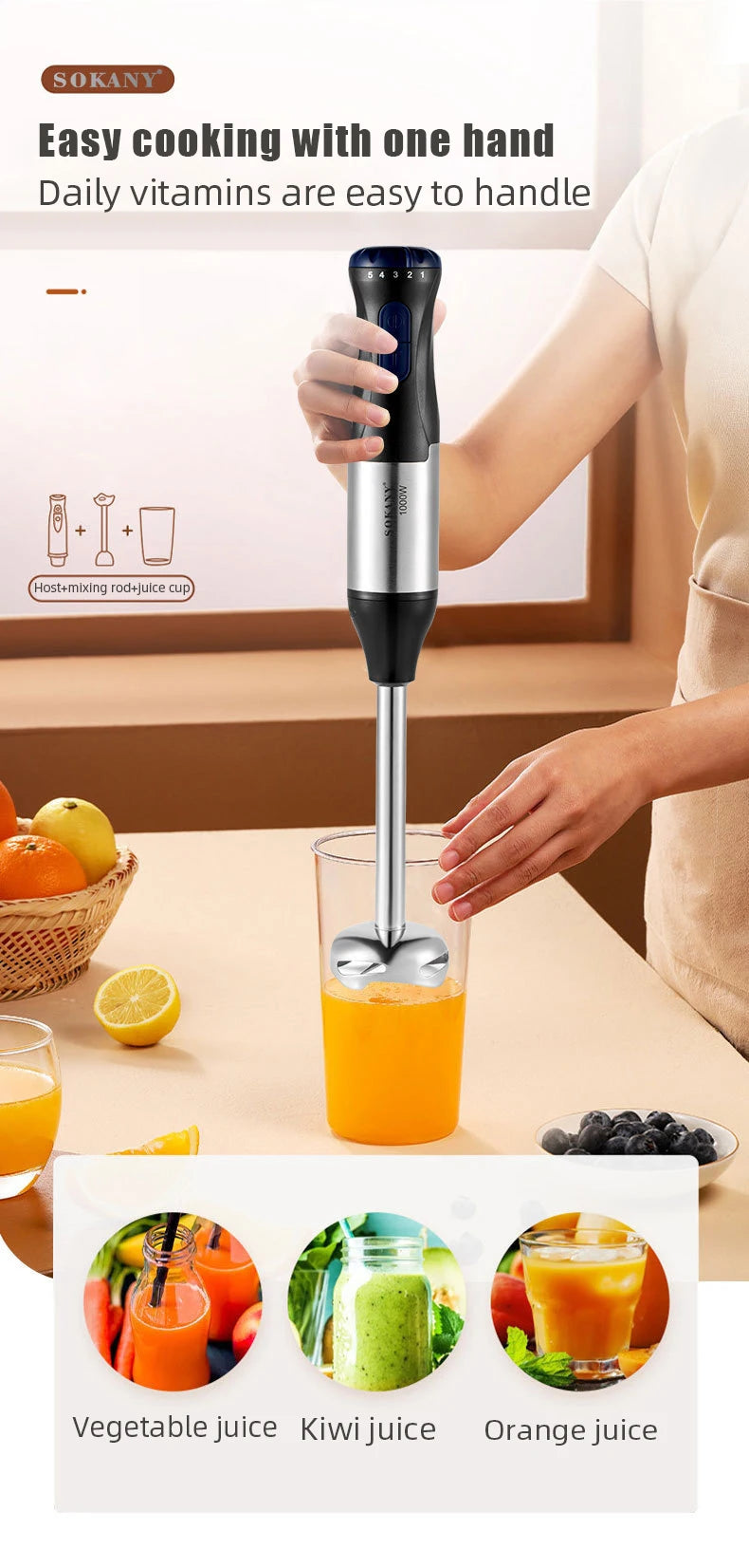 1000W High-Power 4-in-1 Handheld Kitchen Blender Multi-Function Stainless Steel Blender Vegetable and Meat Chopper Whisk and Egg Beater Smoothie and Milkshake Set Baby Food Maker Home Electric Blender, All-in-One Meat Grinder