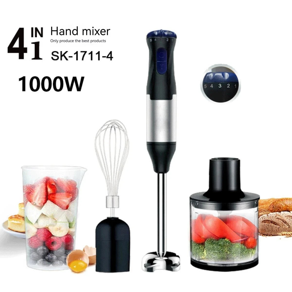 1000W High-Power 4-in-1 Handheld Kitchen Blender Multi-Function Stainless Steel Blender Vegetable and Meat Chopper Whisk and Egg Beater Smoothie and Milkshake Set Baby Food Maker Home Electric Blender, All-in-One Meat Grinder