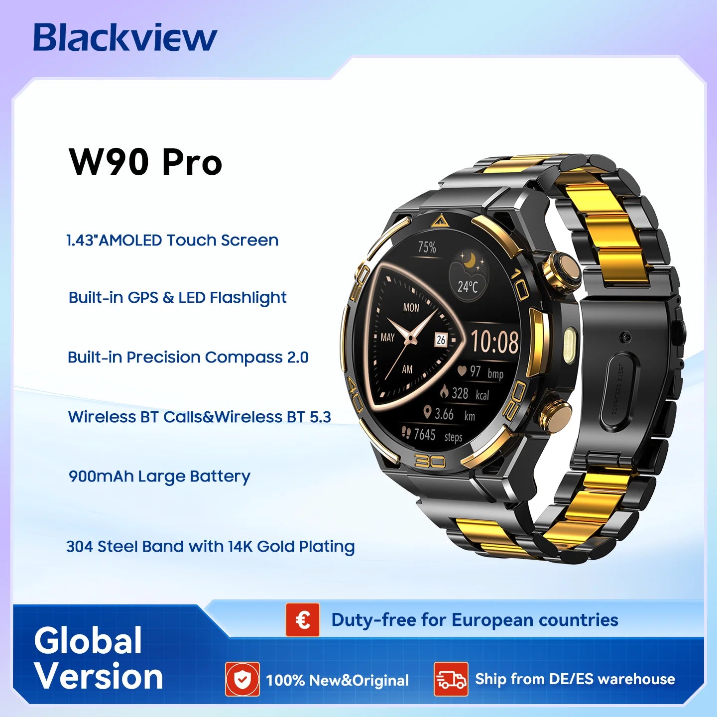Blackview W90 Pro Smartwatch 1.43" AMOLED Display,Bluetooth Calling,Heart Rate Monitor, 900mAh/ 20Days Standby,Men's Smartwatch