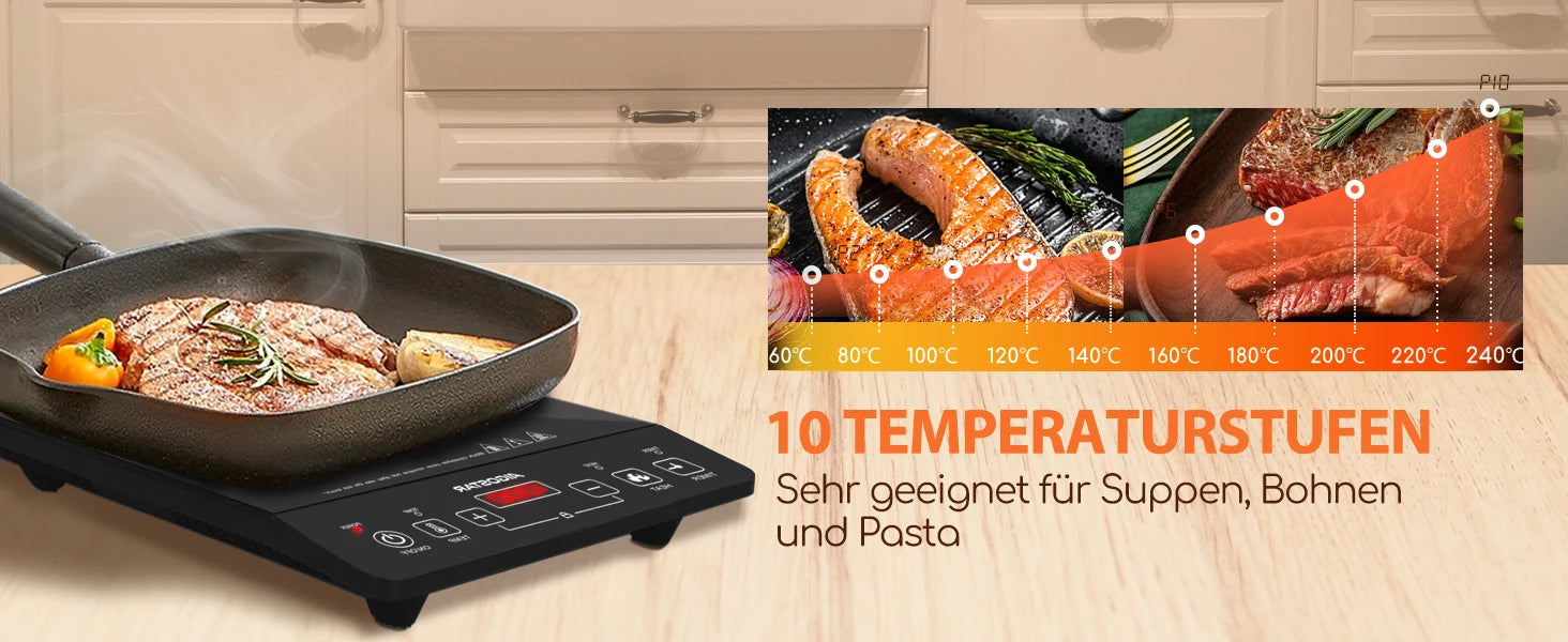 Aigostar 2000W Induction Cooktop, Touch Control, 10 Power Levels, 10 Temperature Settings, LED Digital Display, 3-Hour Timer