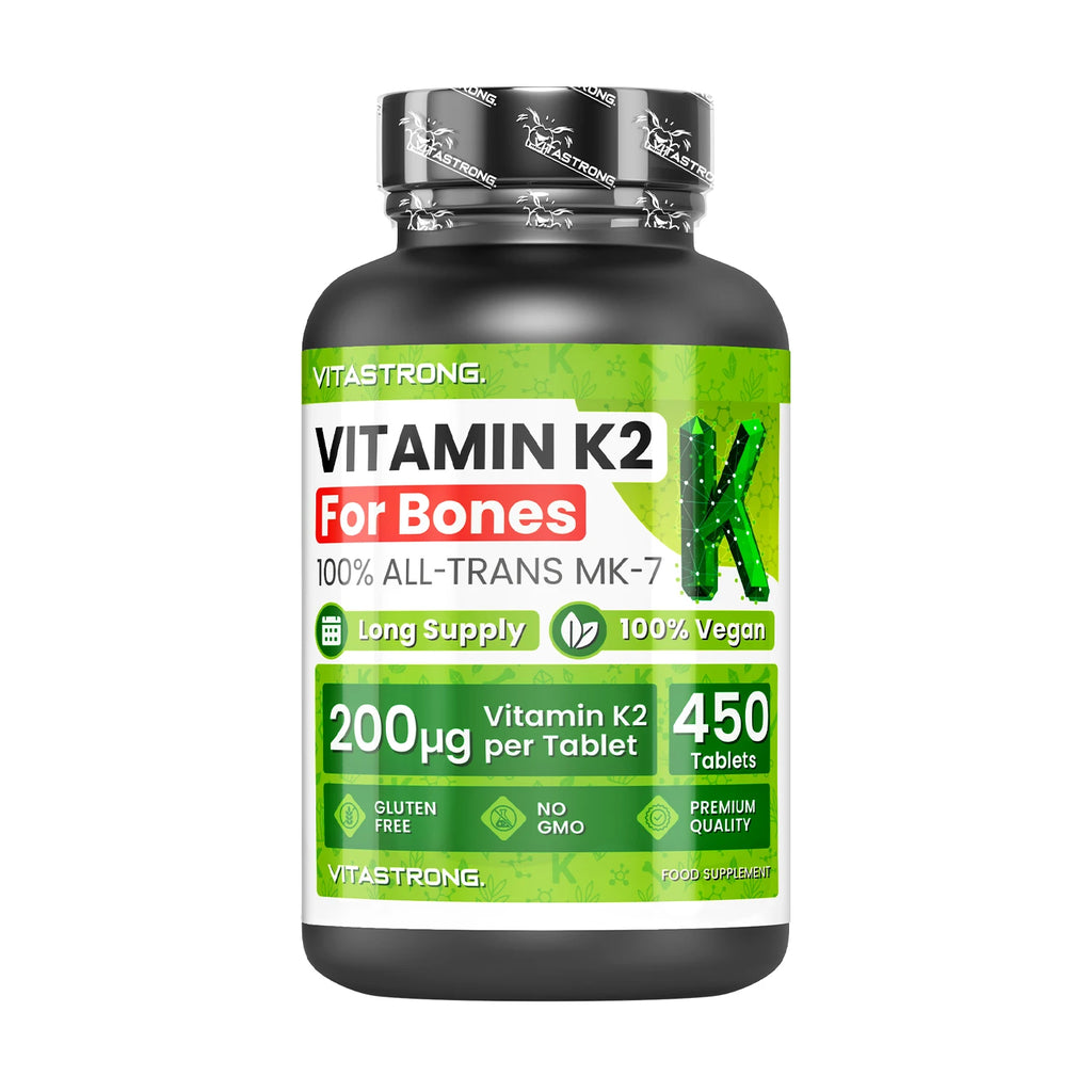 VitaStrong Vitamin K2 200 mcg, High Power, 1 Daily, 450 Tablets, Bone Health, Bone & Muscle support, Food Supplement, Premium Quality, 100% Vegan and Clean Formula