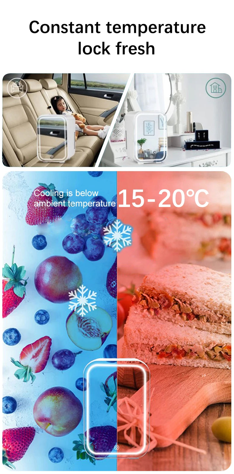 4L Mini Refrigerator Multifunction Cosmetics Cosmetic Dormitory Cooler Fridge Dual-use for Home Car Small Portable Fridge Mirror