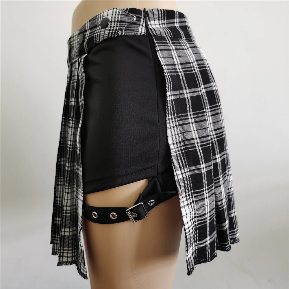 Summer Harajuku Punk Style Plaid Irregular Skirts Women Asymmetrical High Waist Black Skirts Pleated Girls Gothic Half Skirts