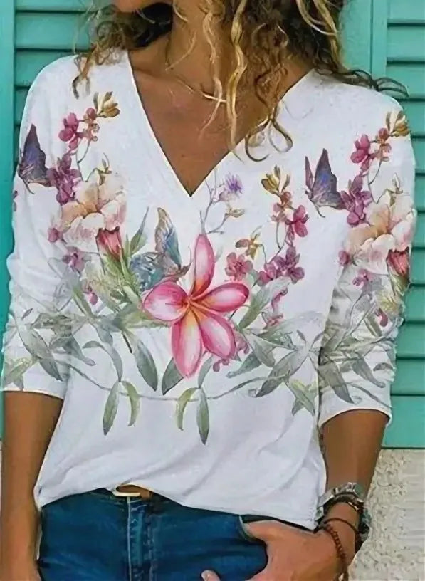 Summer New Boho Flower Blouses Womens Fashion Shirt V-Neck 3/4 Sleeve Flower Print Shirt Tops Casual Loose Ladies Floral Blouse