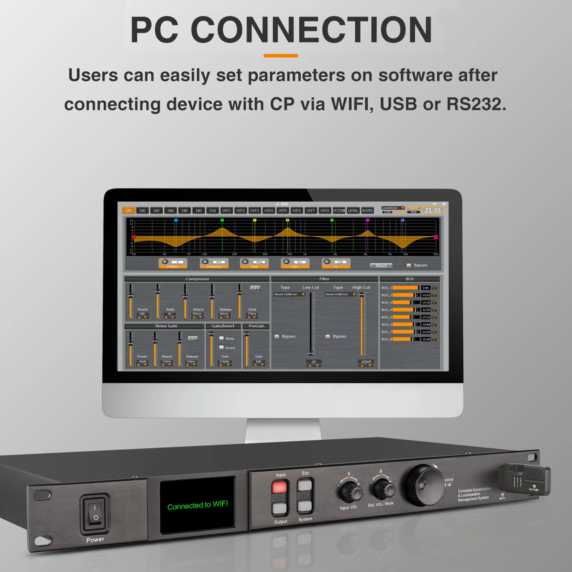 Paulkitson A808 Processor Digital Professional Audio Processor 8 In 8Out 32Bit DSP 7Band EQ Equalizer WIFI  USB Without Noise