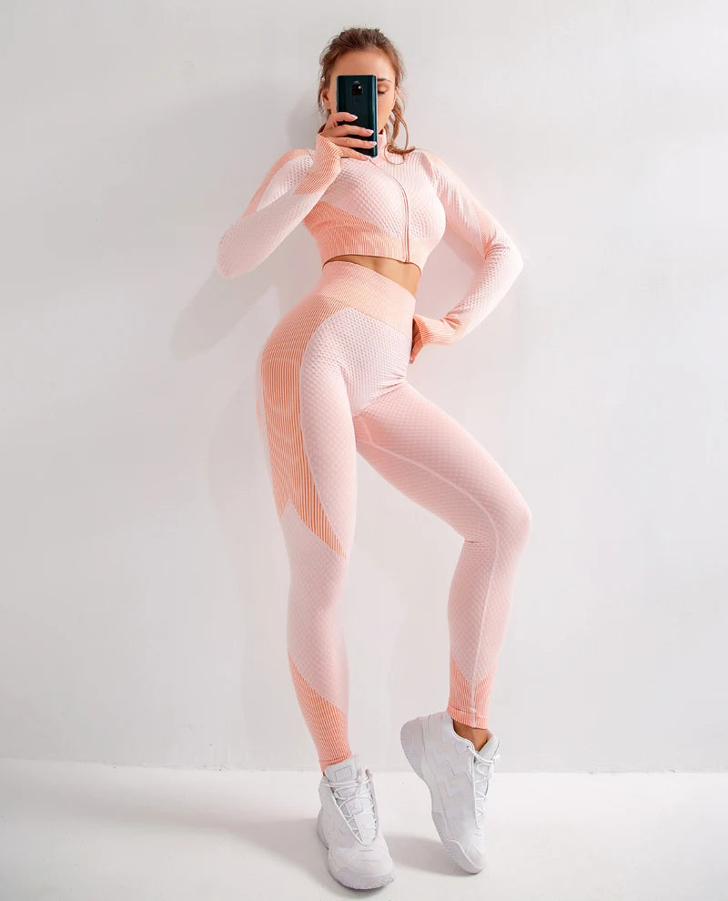 2/3Pcs Women Yoga Suit Seamless Knitted Yoga Pants Leggings Clothing Zipper Long Sleeve Crop Top Fitness Wear Sportswear Gym Set