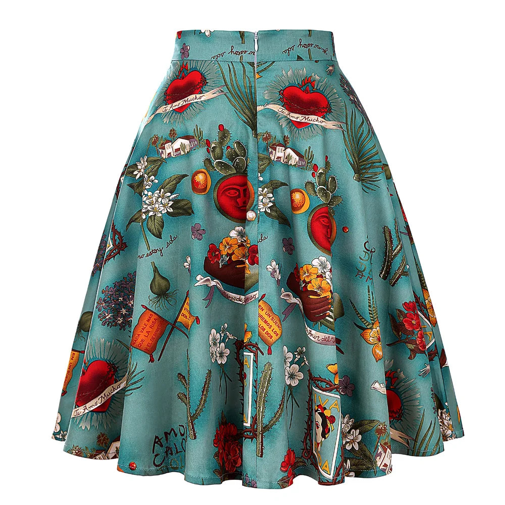 Women's Runway Cotton Retro Vintage Skirt Black Faldas High Waist A Line Rockabilly Jupe 50s Swing Umbrella Skirts Pin Up Skater