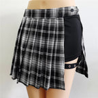 Summer Harajuku Punk Style Plaid Irregular Skirts Women Asymmetrical High Waist Black Skirts Pleated Girls Gothic Half Skirts