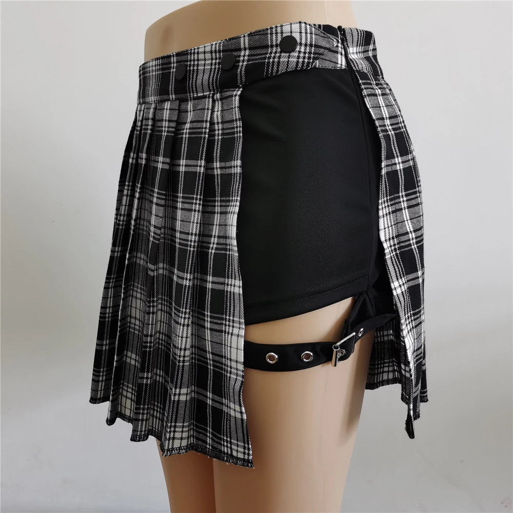 Summer Harajuku Punk Style Plaid Irregular Skirts Women Asymmetrical High Waist Black Skirts Pleated Girls Gothic Half Skirts