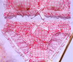 Cute Japanese Bras Briefs Underwear Set Lolita Girl Pink Plaid Flower Mesh Sexy Strawberry Print Bra & Panties Lingerie Set