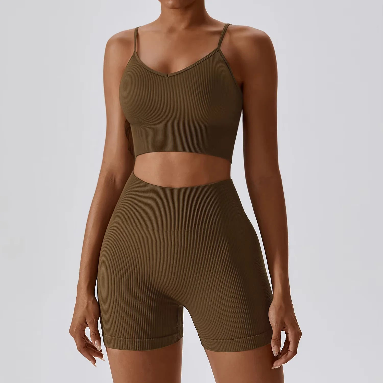 Joyyoung ODM/OEM New Sexy Training Apparel Seamless Ribbed High Impacted Bra Scrunch Shorts Yoga Sets Fitness Sports Clothing