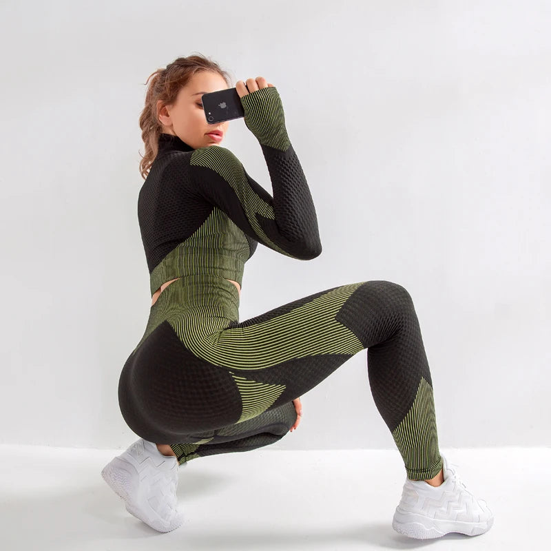 2/3Pcs Women Yoga Suit Seamless Knitted Yoga Pants Leggings Clothing Zipper Long Sleeve Crop Top Fitness Wear Sportswear Gym Set