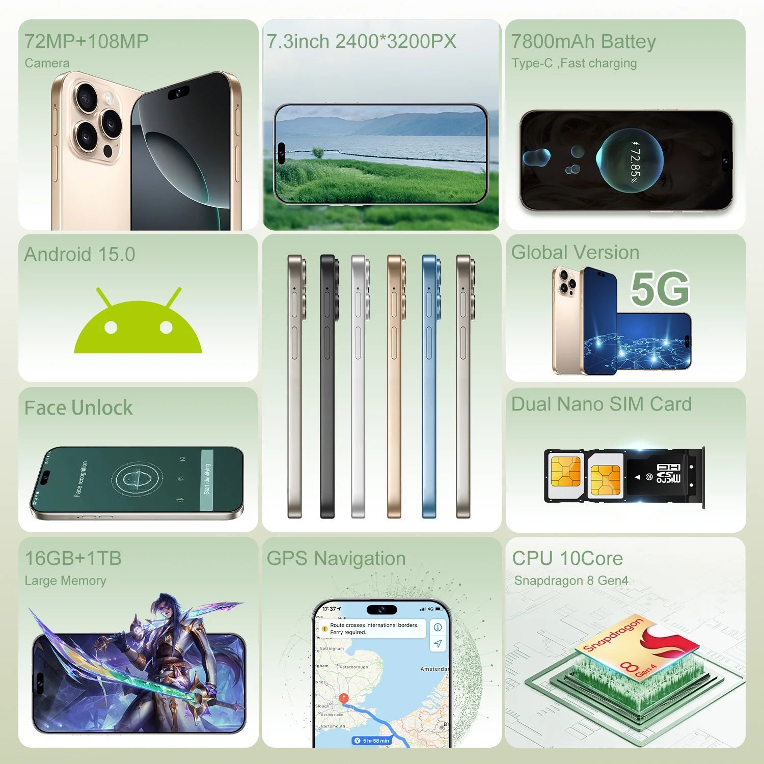 New I16 Pro Max Cross-border Exclusive 5G Phone 7.3" Screen Android 15.0 Dual SIM Overseas Version Direct Sale Source
