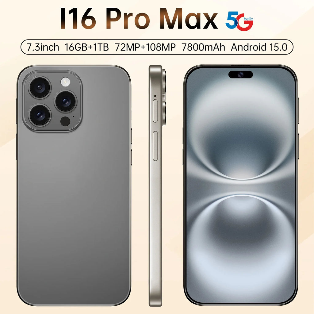 New I16 Pro Max Cross-border Exclusive 5G Phone 7.3" Screen Android 15.0 Dual SIM Overseas Version Direct Sale Source