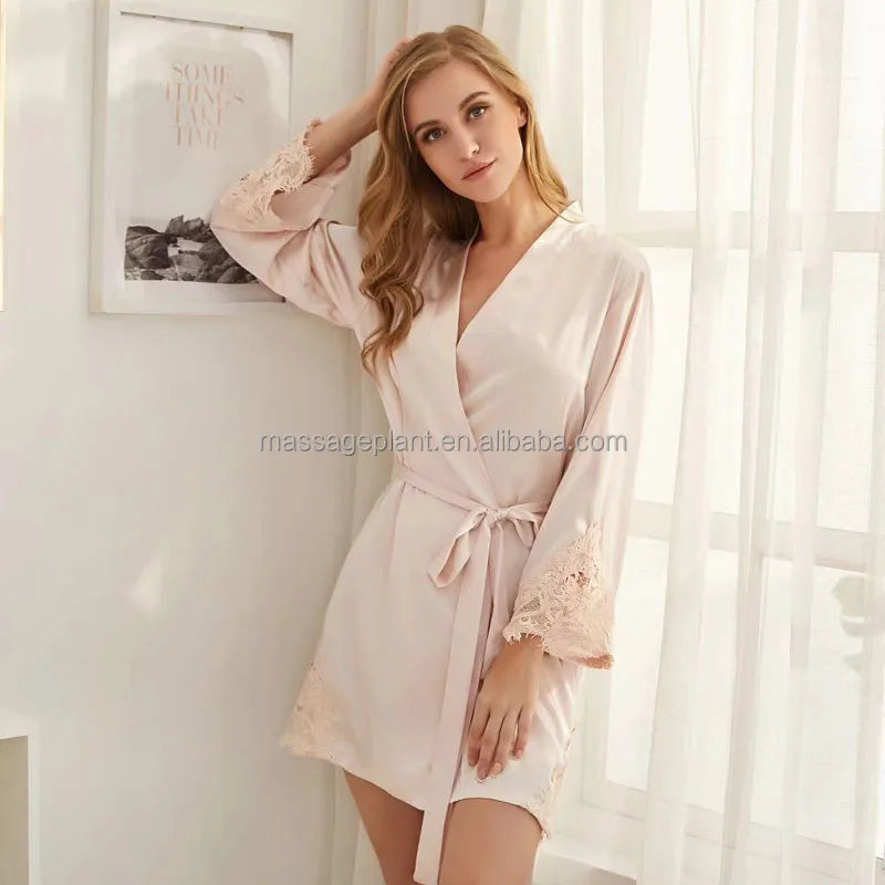 Solid 8209 Bride Wedding Robe Set Women Sleepwear Triangle Lace  Bridesmaid Satin Robe