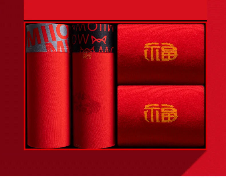 MiiOW Organic Cotton Boxer Socks Set Men Underwear Boxers Trunks Antibacterial Male Panties Boxershorts Underpants Red L-3XL New