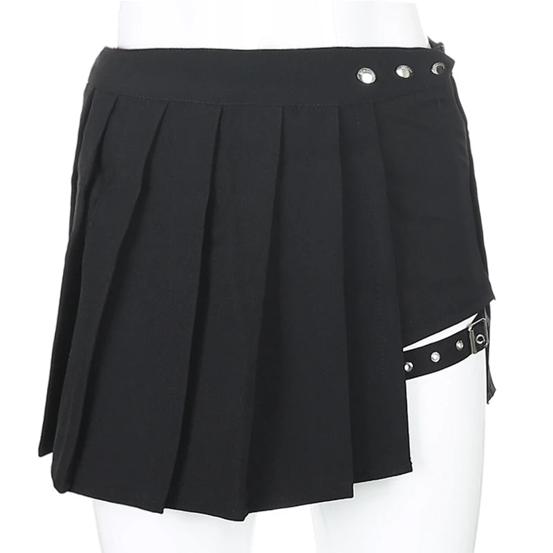 Summer Harajuku Punk Style Plaid Irregular Skirts Women Asymmetrical High Waist Black Skirts Pleated Girls Gothic Half Skirts