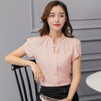 Women Casual Chiffon Shirt Summer Short Sleeve Elegant Blouse Female Formal Office Chiffon Tops Solid Color Loose Tops
