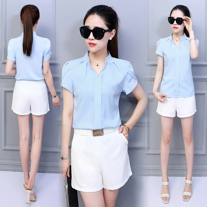 Women Casual Chiffon Shirt Summer Short Sleeve Elegant Blouse Female Formal Office Chiffon Tops Solid Color Loose Tops