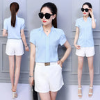 Women Casual Chiffon Shirt Summer Short Sleeve Elegant Blouse Female Formal Office Chiffon Tops Solid Color Loose Tops