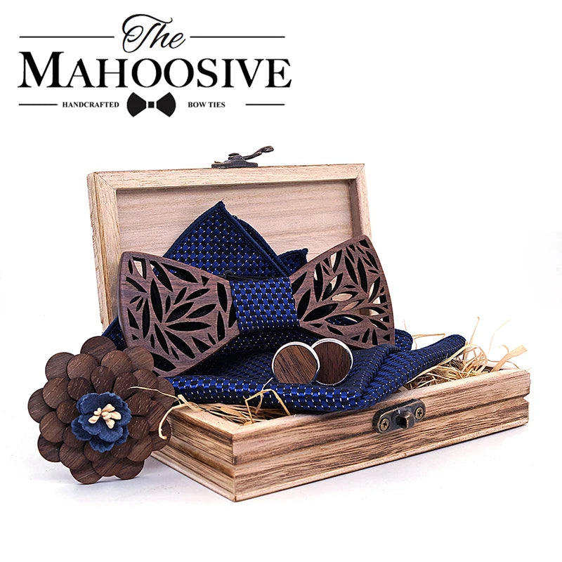 Wooden Bow Tie Handerchief Set Wood bowtie cufflinks floral ties Lapel flower brooch corbata Gravata tie for men noeud papillon Image principale du produit