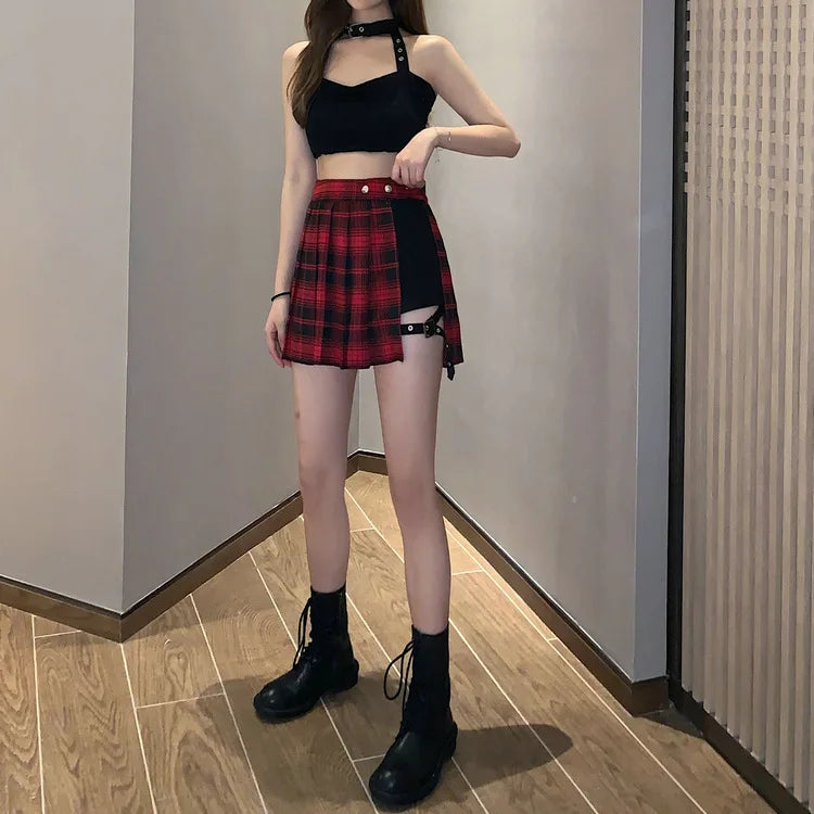 Summer Harajuku Punk Style Plaid Irregular Skirts Women Asymmetrical High Waist Black Skirts Pleated Girls Gothic Half Skirts