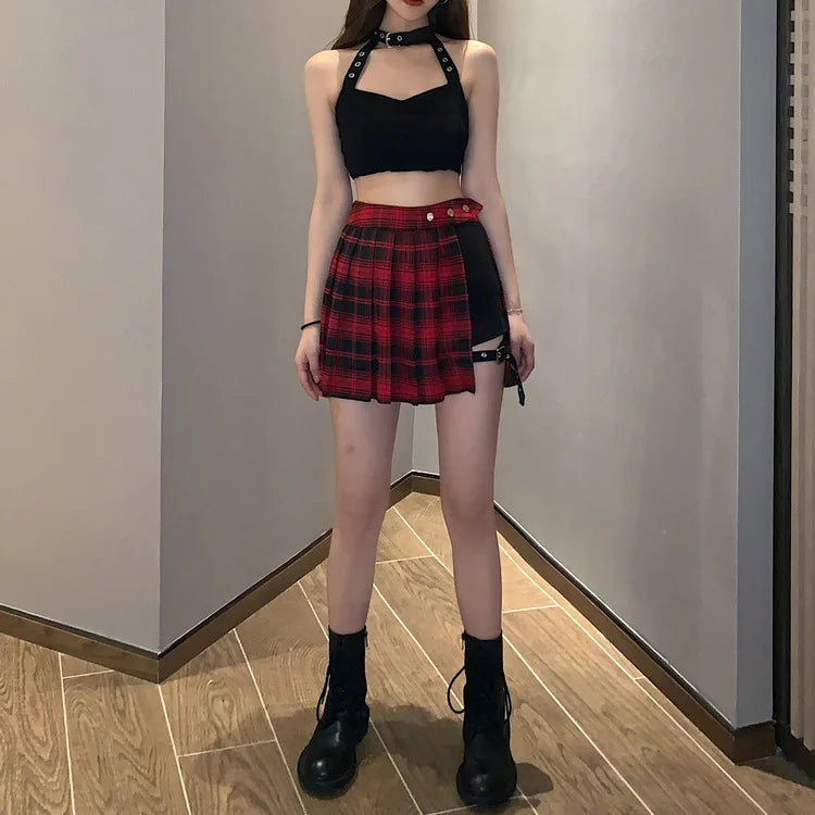 Summer Harajuku Punk Style Plaid Irregular Skirts Women Asymmetrical High Waist Black Skirts Pleated Girls Gothic Half Skirts