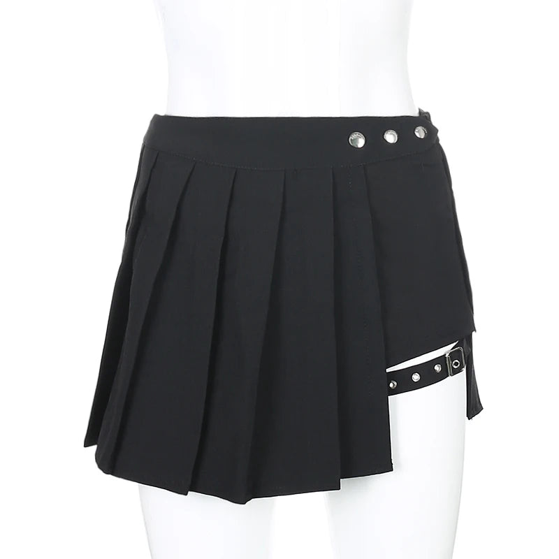 Summer Harajuku Punk Style Plaid Irregular Skirts Women Asymmetrical High Waist Black Skirts Pleated Girls Gothic Half Skirts