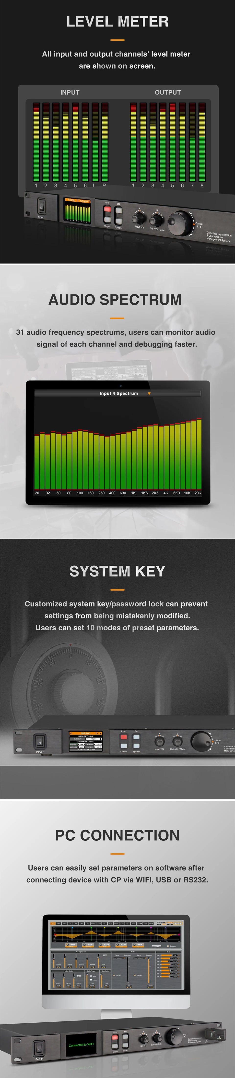 Paulkitson A808 Processor Digital Professional Audio Processor 8 In 8Out 32Bit DSP 7Band EQ Equalizer WIFI  USB Without Noise