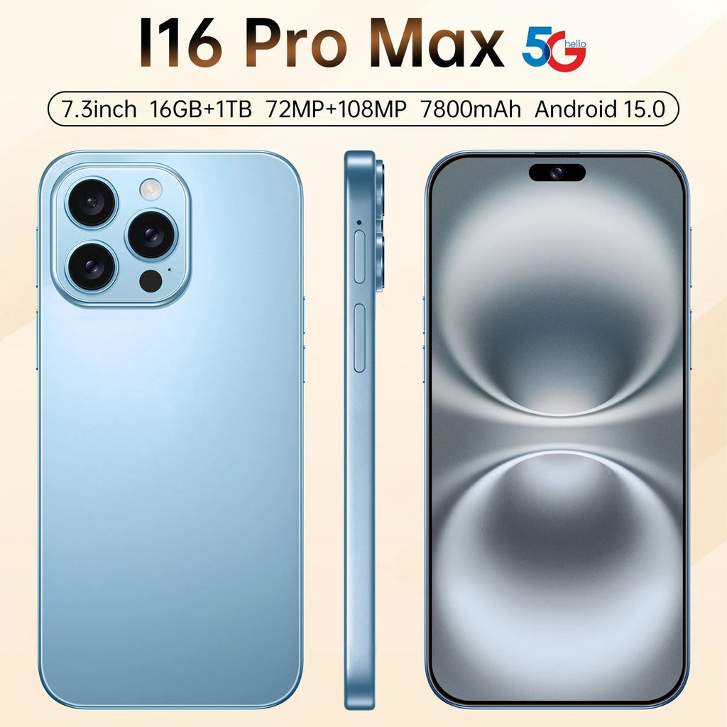 New I16 Pro Max Cross-border Exclusive 5G Phone 7.3" Screen Android 15.0 Dual SIM Overseas Version Direct Sale Source