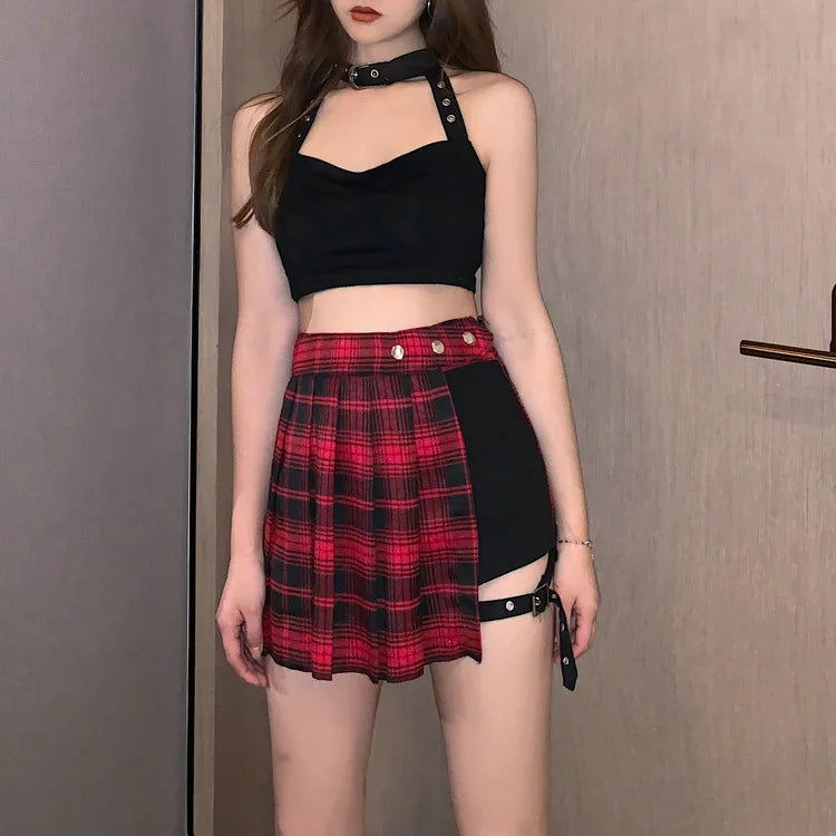 Summer Harajuku Punk Style Plaid Irregular Skirts Women Asymmetrical High Waist Black Skirts Pleated Girls Gothic Half Skirts