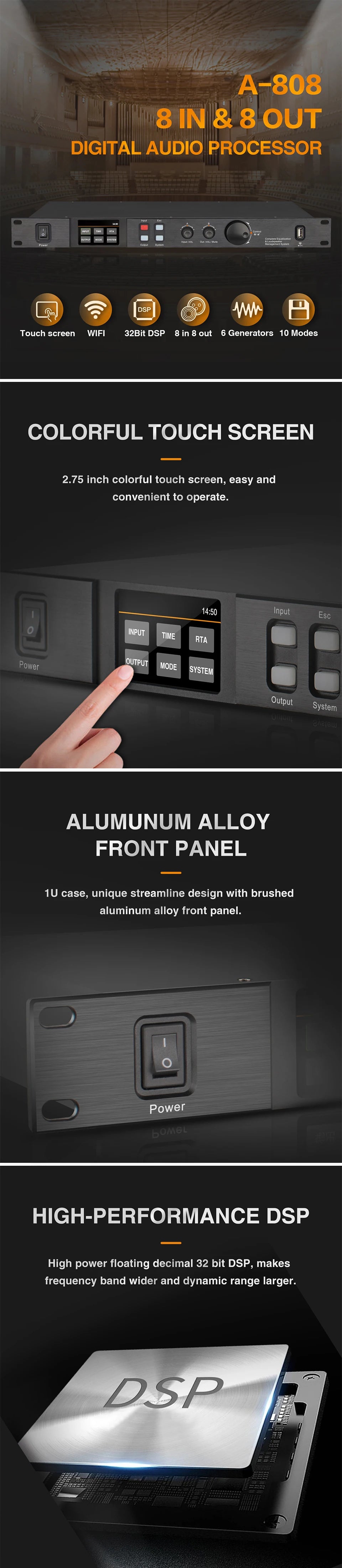 Paulkitson A808 Processor Digital Professional Audio Processor 8 In 8Out 32Bit DSP 7Band EQ Equalizer WIFI  USB Without Noise