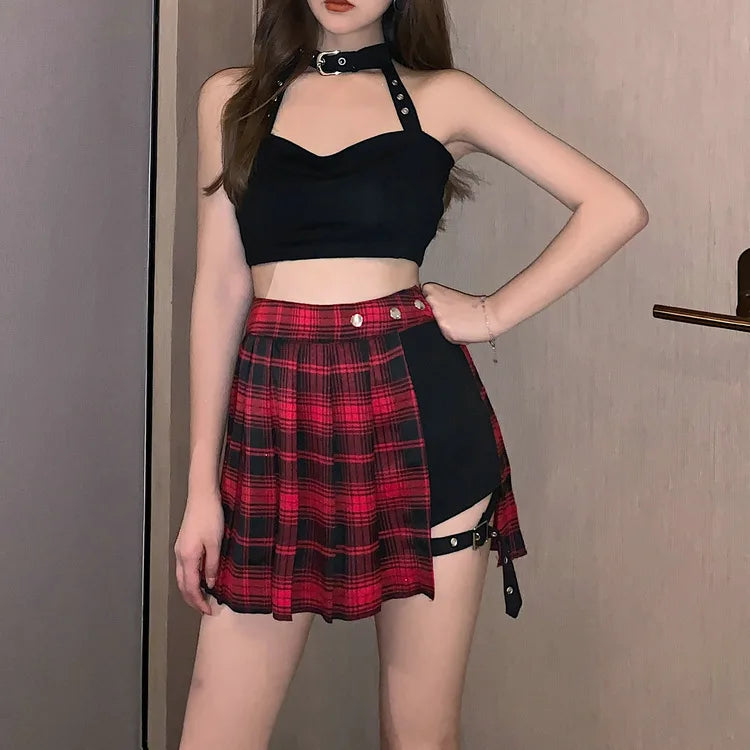 Summer Harajuku Punk Style Plaid Irregular Skirts Women Asymmetrical High Waist Black Skirts Pleated Girls Gothic Half Skirts