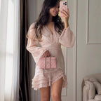 Pink Floral V-neck Mini Dress Waist-cinching Bell Sleeve Chiffon Skirt Commuting And Dating Women's Casual Daily Dresses 2026