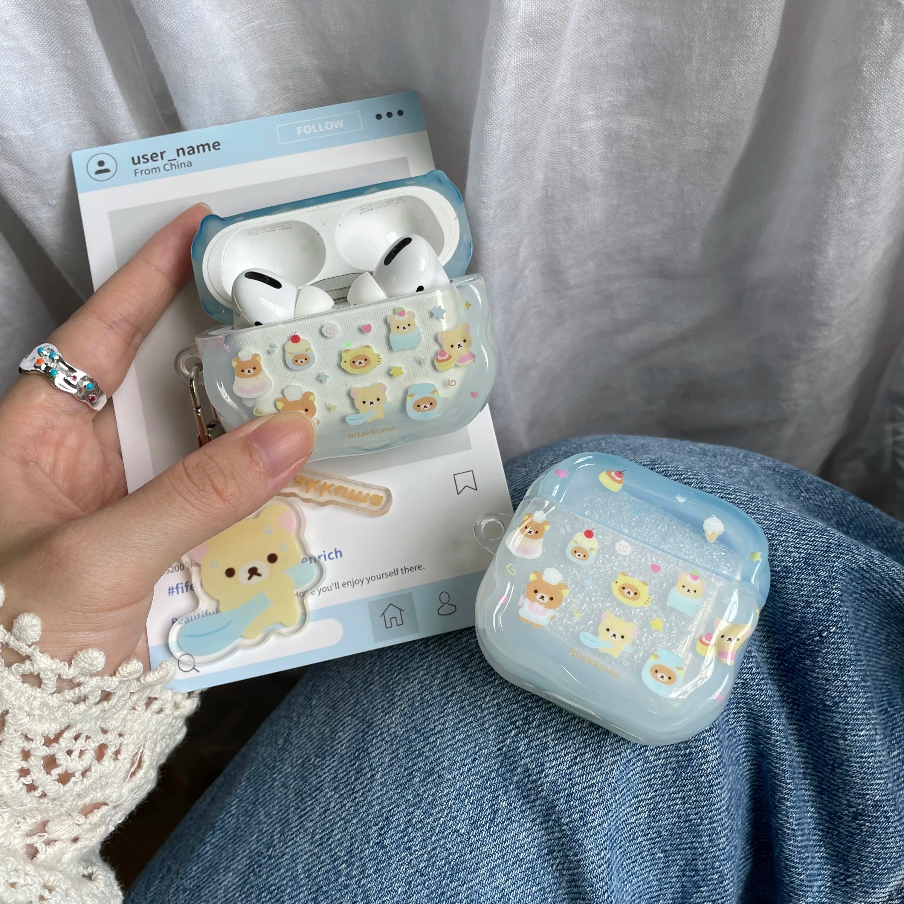 Cartoon Cake Bear Blue Wave Case for AirPods 2 3 4 ANC Cover with Keyring for Apple AirPod Pro 3 2025 Earphone Protective Cases Image secondaire du produit